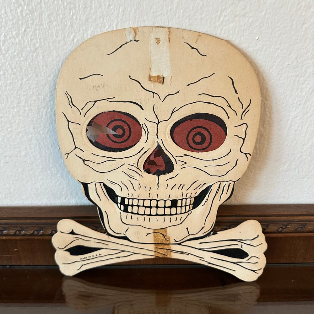 Vintage HE Luhrs Halloween Die Cut Skull Crossbones Red Spiral Eyes Decor USA